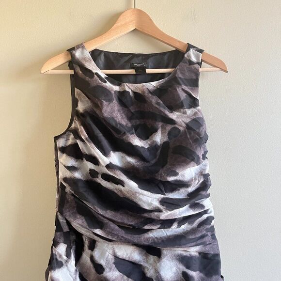 Ann Taylor Spotted Cheetah Print Ruched Draped Sheath Dress Size 6 Black Lined - Picture 3 of 9